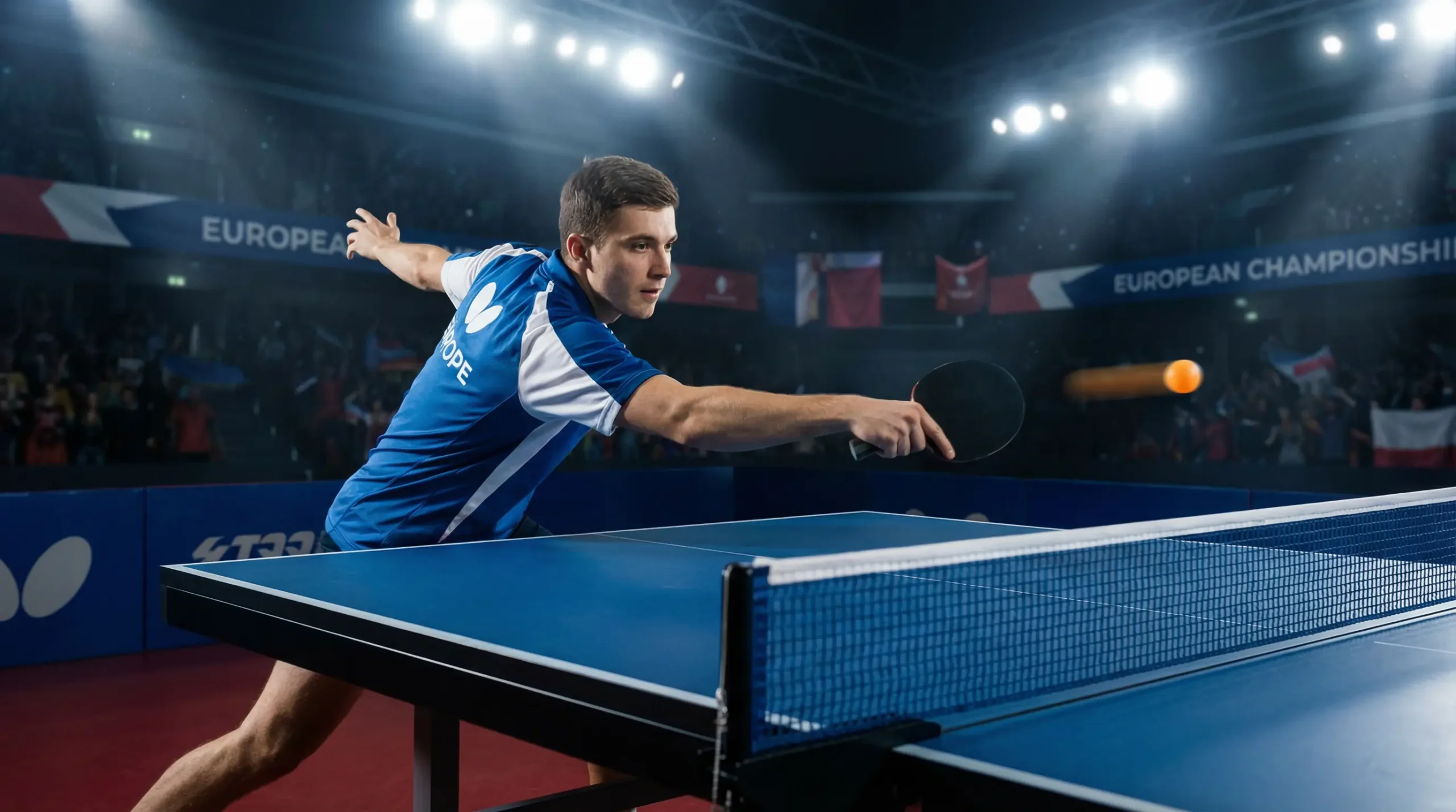 Pongiste professionnel européen exécutant un coup droit puissant lors d'un championnat d'Europe de tennis de table