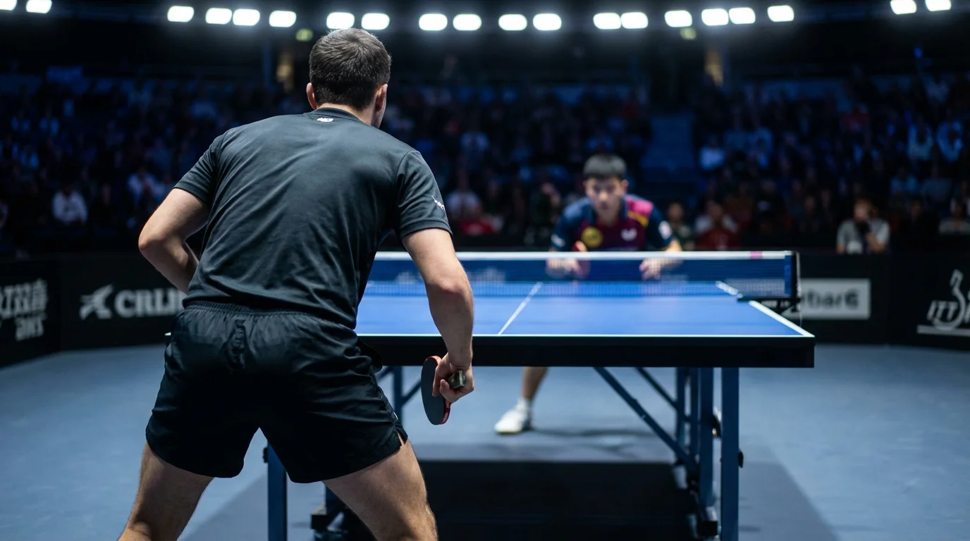 Joueur de tennis de table concentré analysant le jeu de son adversaire pendant un match professionnel