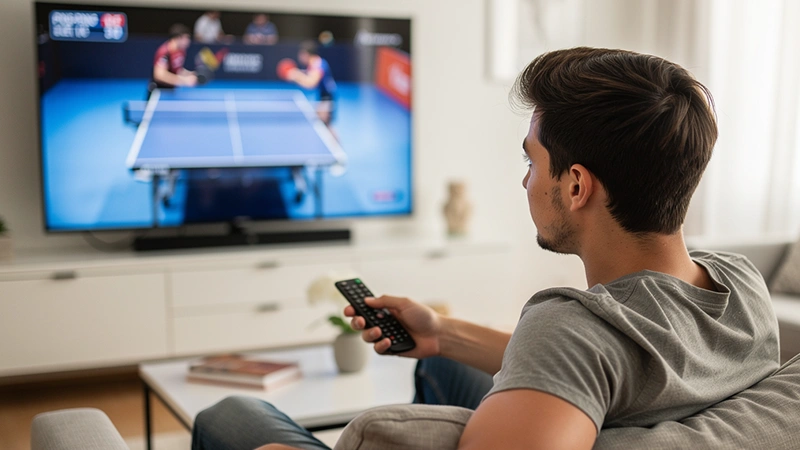 Parieur regardant un match de ping-pong en direct sur télévision