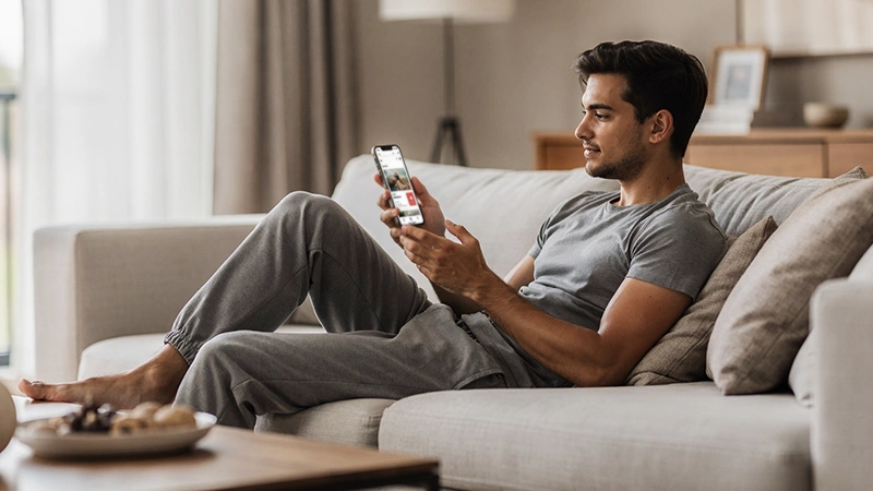 Jeune homme utilisant application mobile de paris depuis son canapé