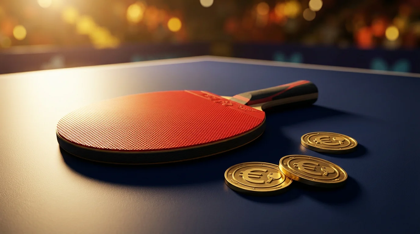 Raquette de tennis de table posée sur une table de jeu à côté de jetons promotionnels et d'un symbole euro