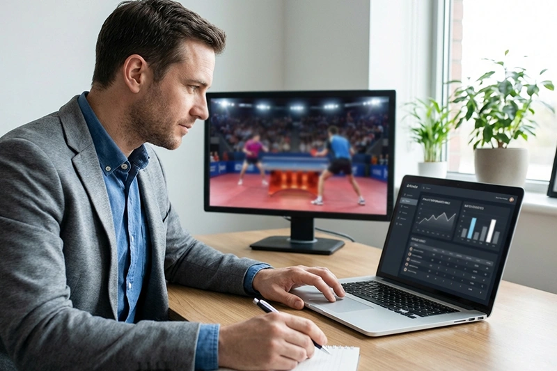 Personne analysant des statistiques de tennis de table sur ordinateur