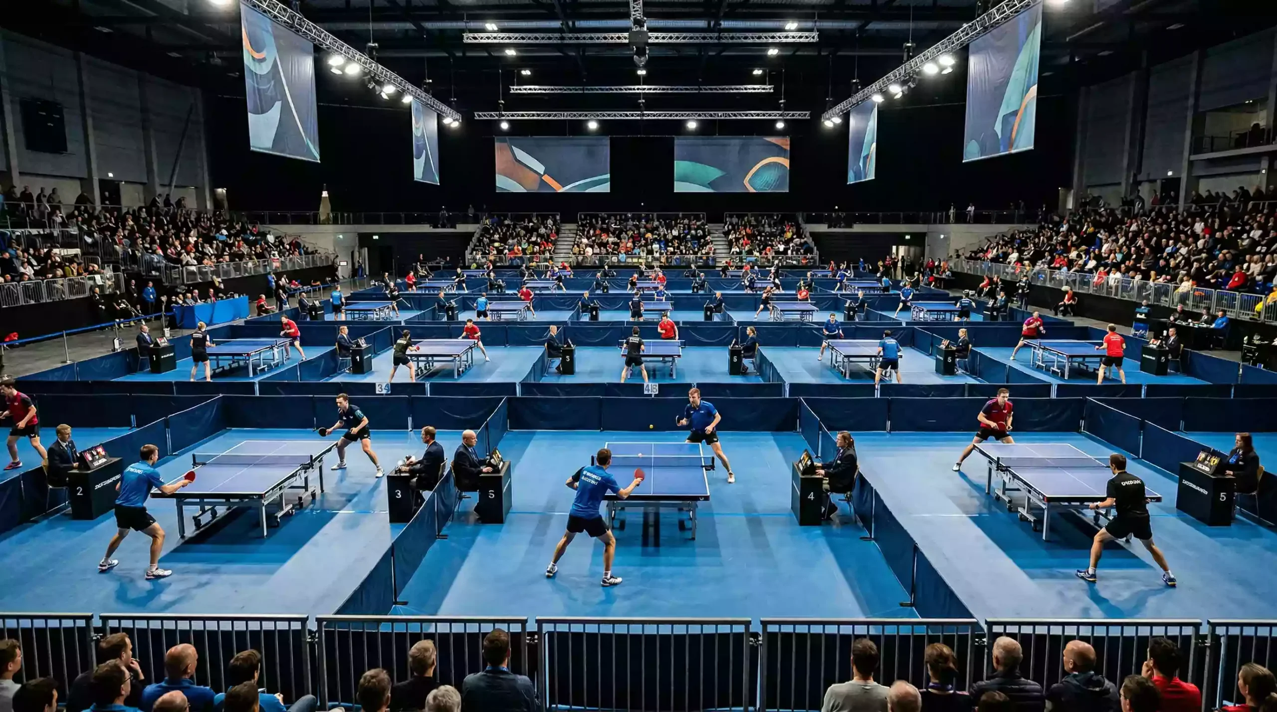 Salle de compétition de tennis de table avec plusieurs tables alignées lors d'un grand tournoi international WTT