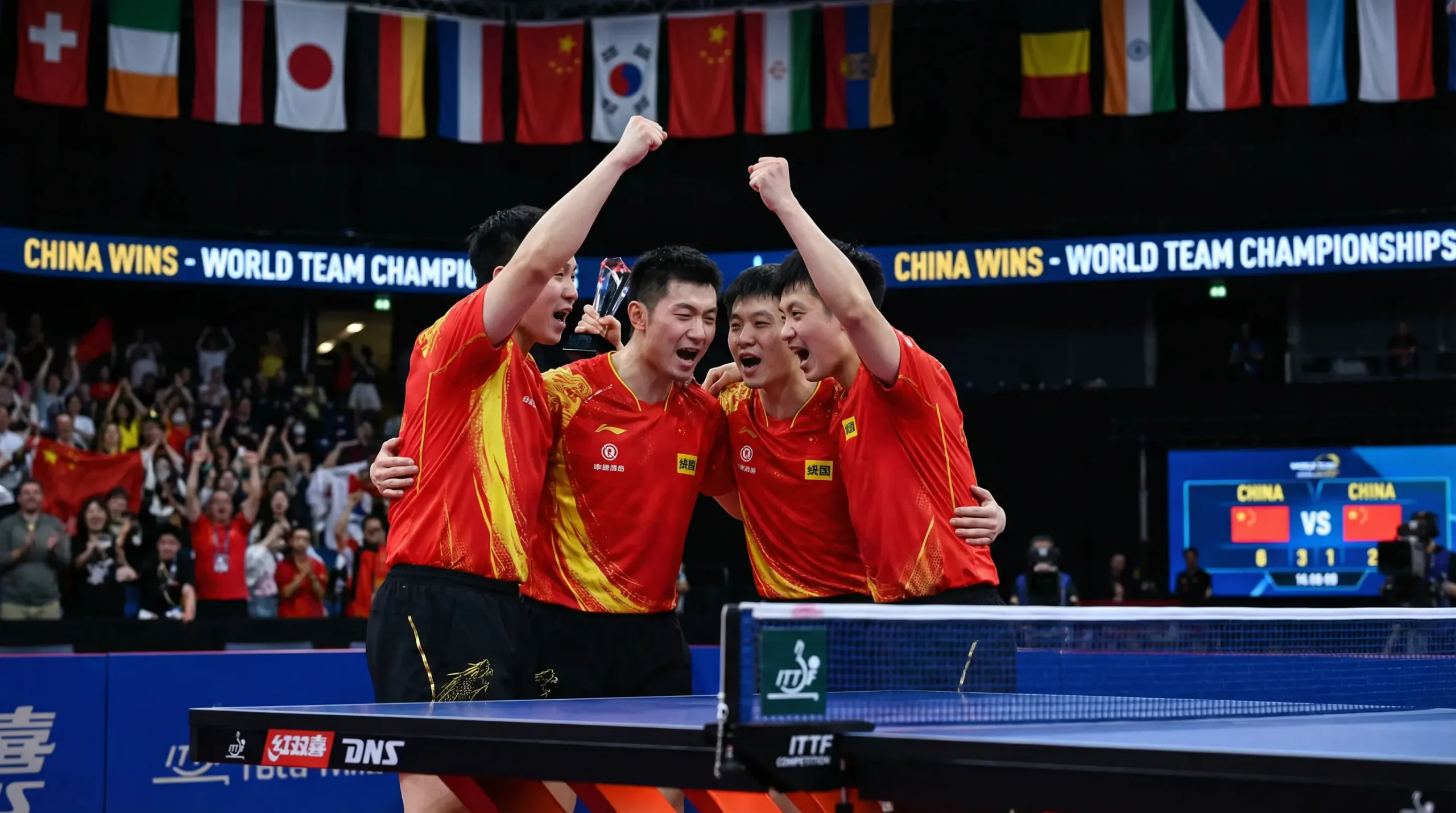 Équipe de tennis de table célébrant une victoire en championnat du monde, drapeaux nationaux en arrière-plan