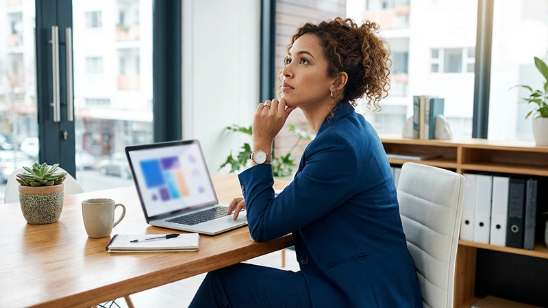 Personne réfléchissant devant plusieurs options sur ordinateur