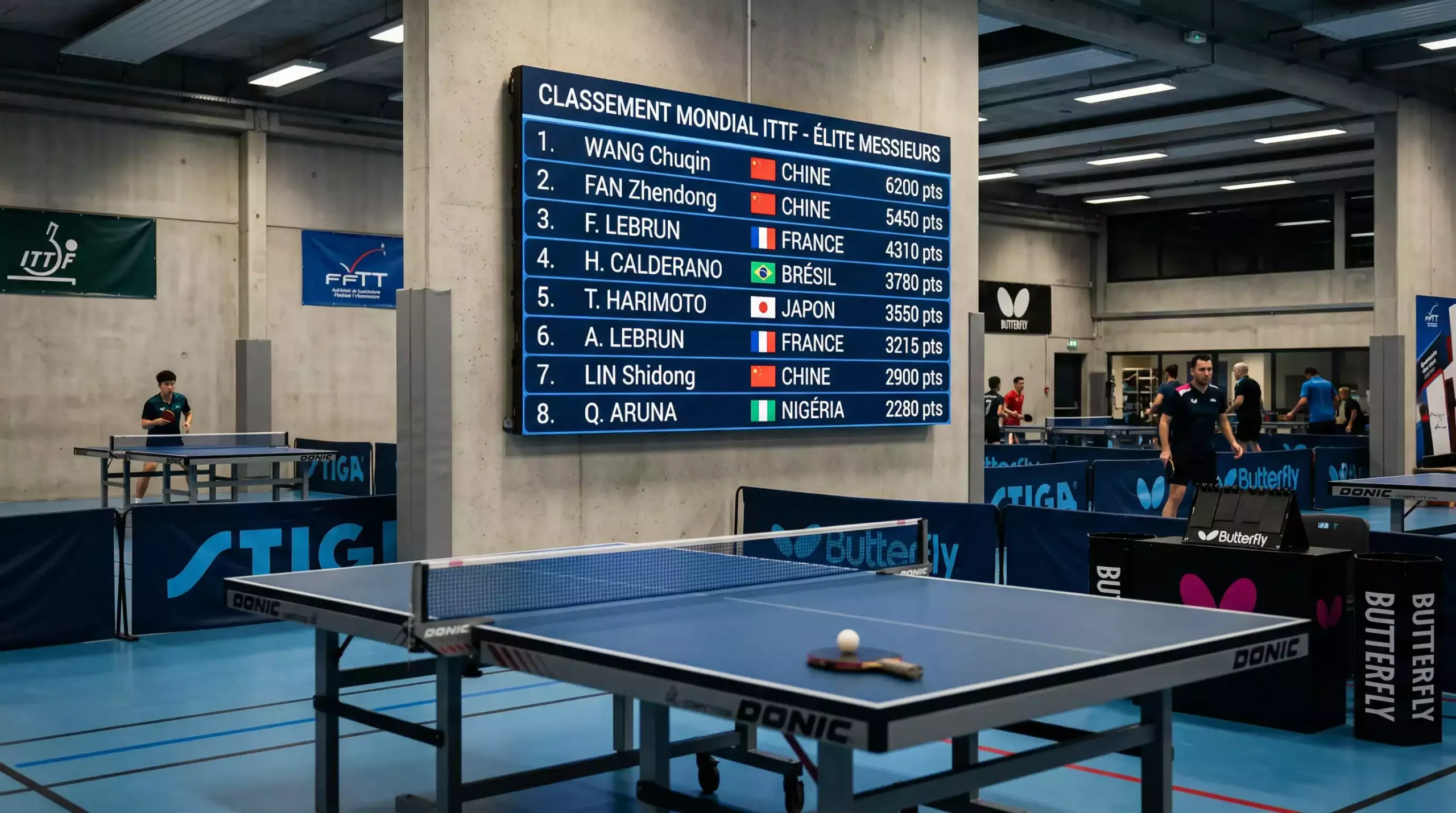 Tableau d'affichage du classement mondial ITTF dans une salle de tennis de table professionnelle