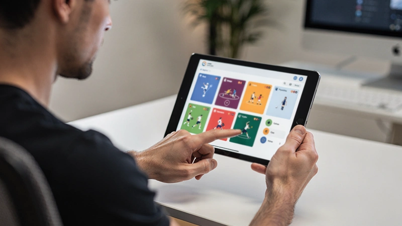 Personne analysant plusieurs matchs sur tablette