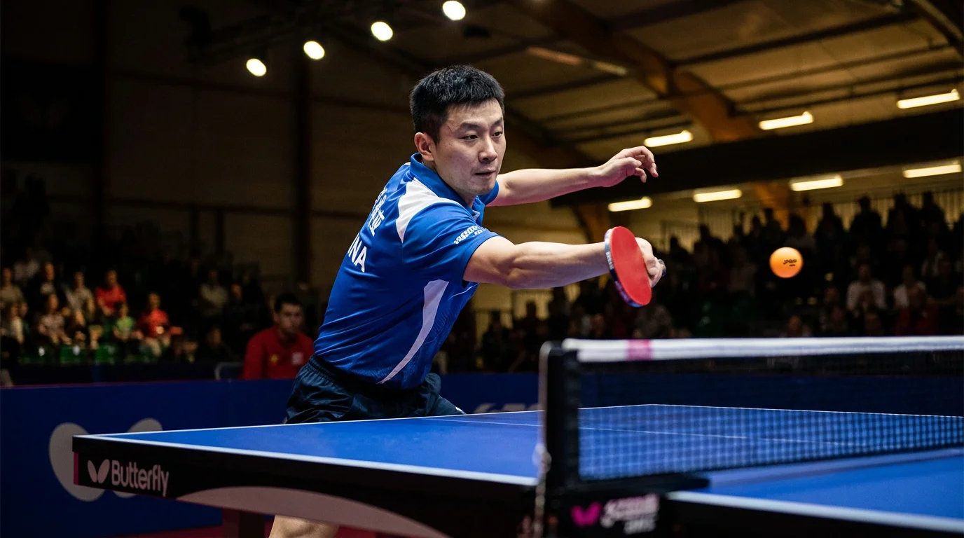 Joueur de tennis de table en action lors d'un match professionnel avec une raquette et une balle sur une table réglementaire