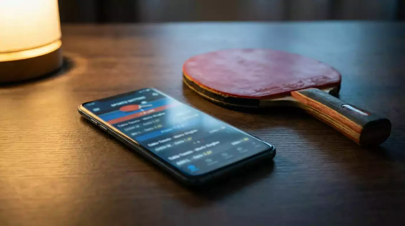 Smartphone affichant des cotes de paris sportifs posé à côté d'une raquette de tennis de table