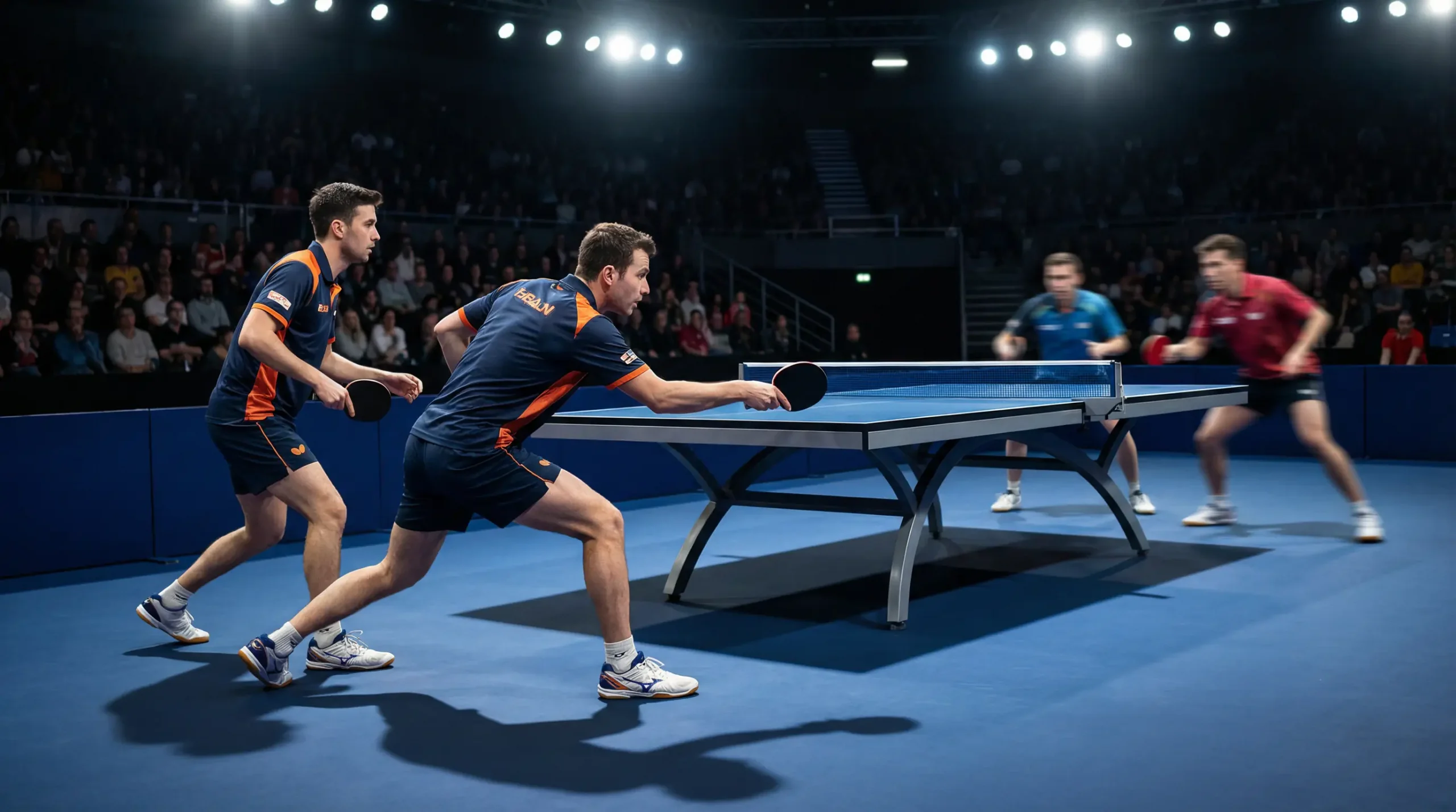 Deux joueurs de tennis de table en double en pleine coordination lors d'un échange