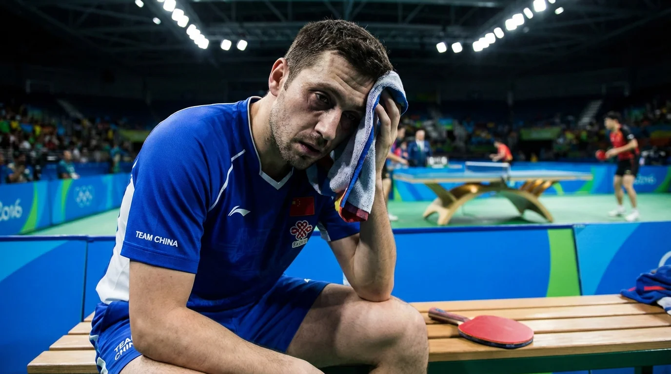 Joueur de tennis de table épuisé s'essuyant le front entre deux sets lors d'un tournoi