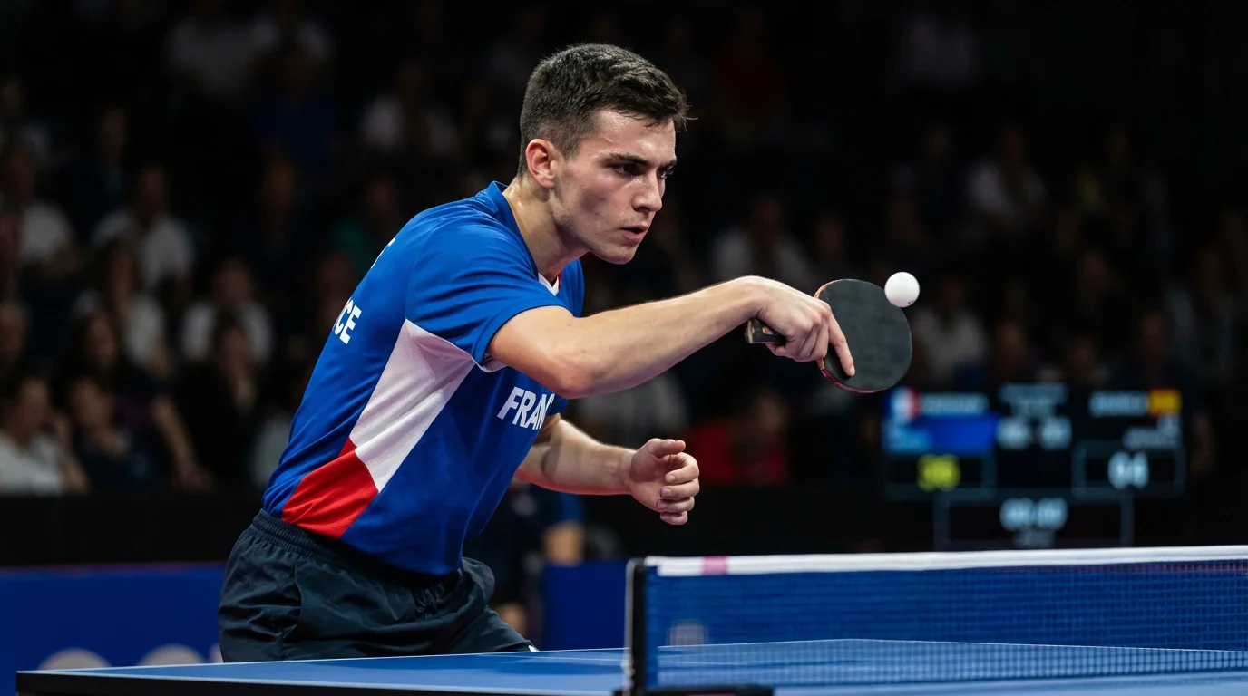 Jeune pongiste français en position de service avec une prise porte-plume lors d'une compétition internationale de tennis de table