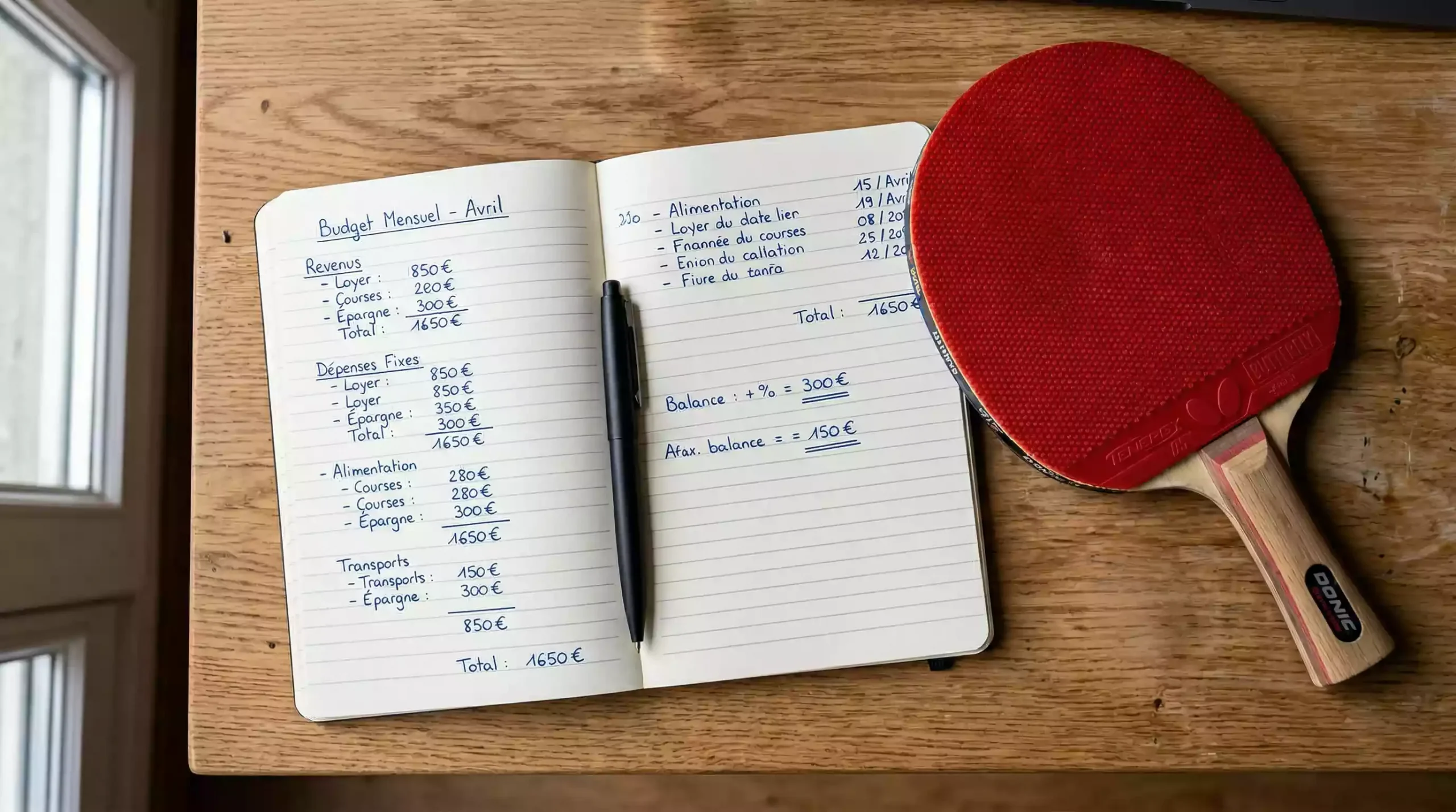 Carnet de notes ouvert avec un stylo posé à côté d'une raquette de ping-pong sur un bureau bien organisé