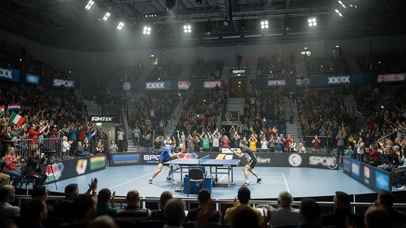 Salle de compétition tennis de table avec public enthousiaste