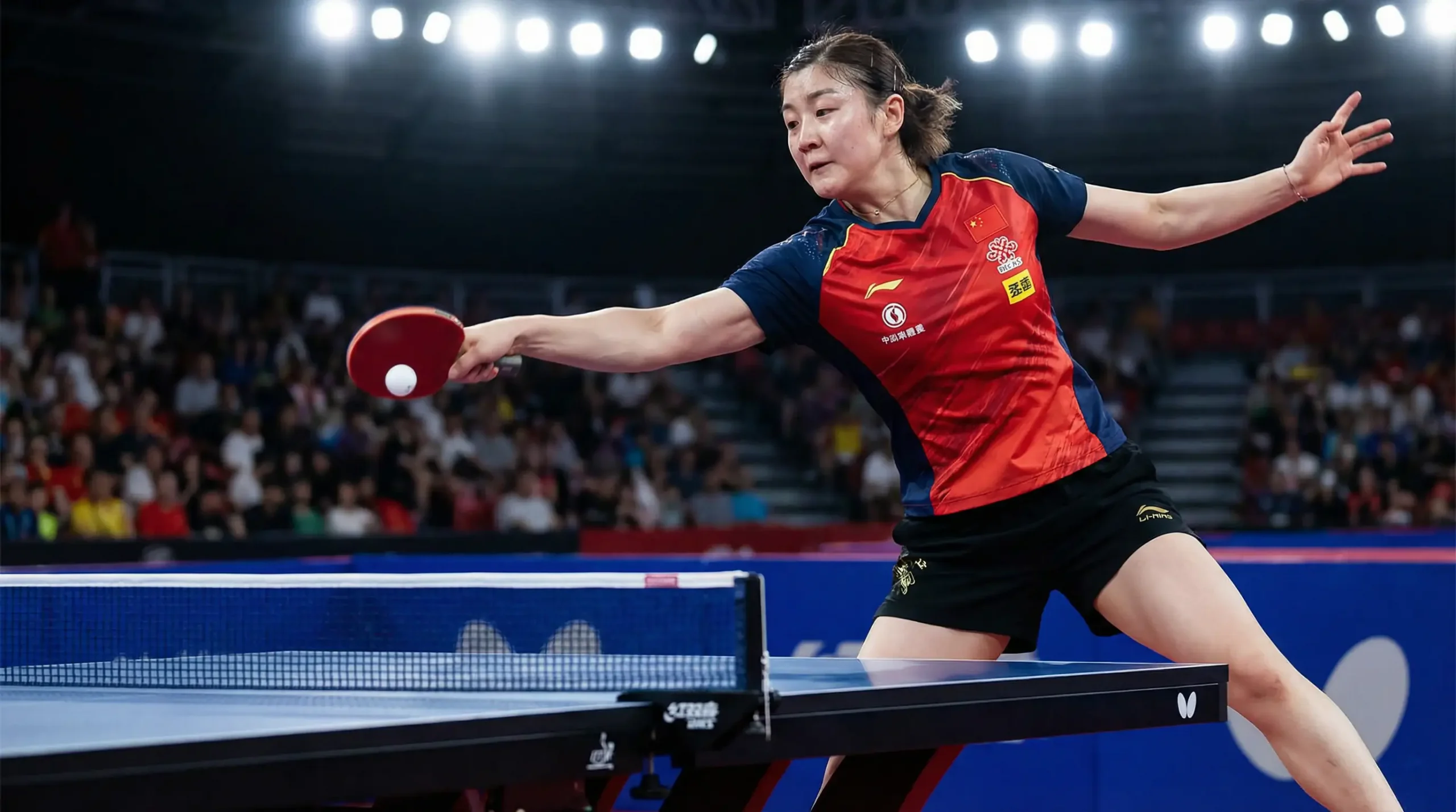 Joueuse de tennis de table en action lors d'un match professionnel, éclairage de compétition