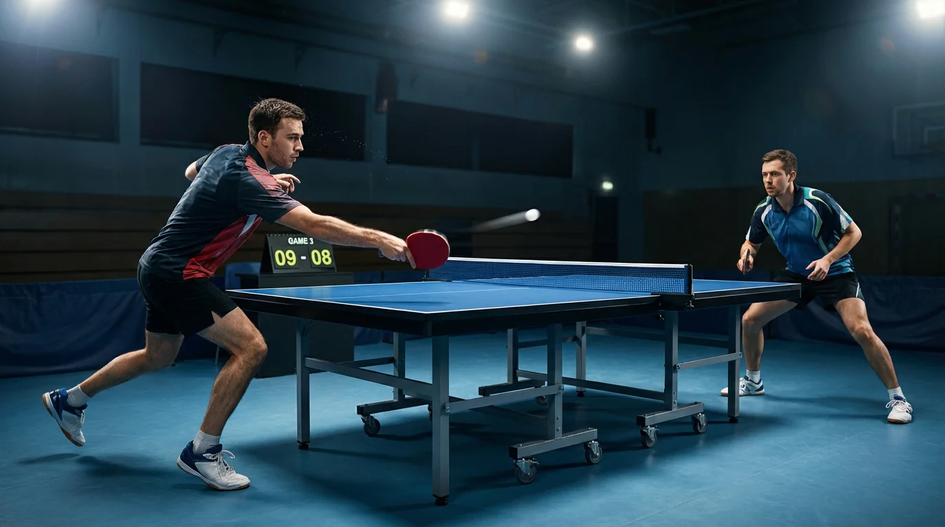 Deux joueurs de tennis de table lors d'un échange intense à la table avec le score affiché en arrière-plan
