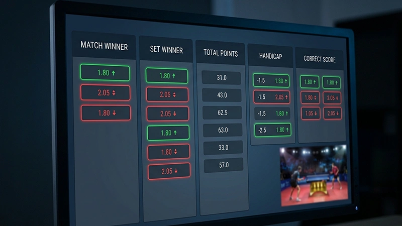 Interface de paris live avec différentes options de mise