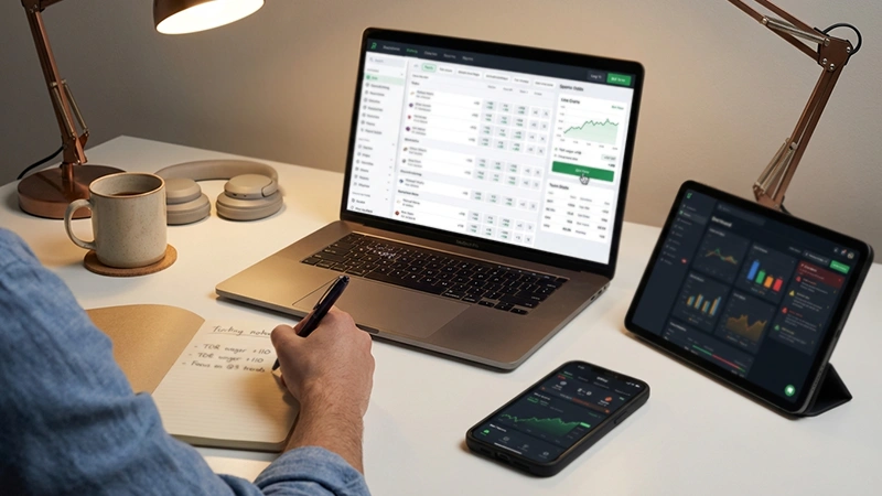 Setup de parieur avec ordinateur, téléphone et statistiques