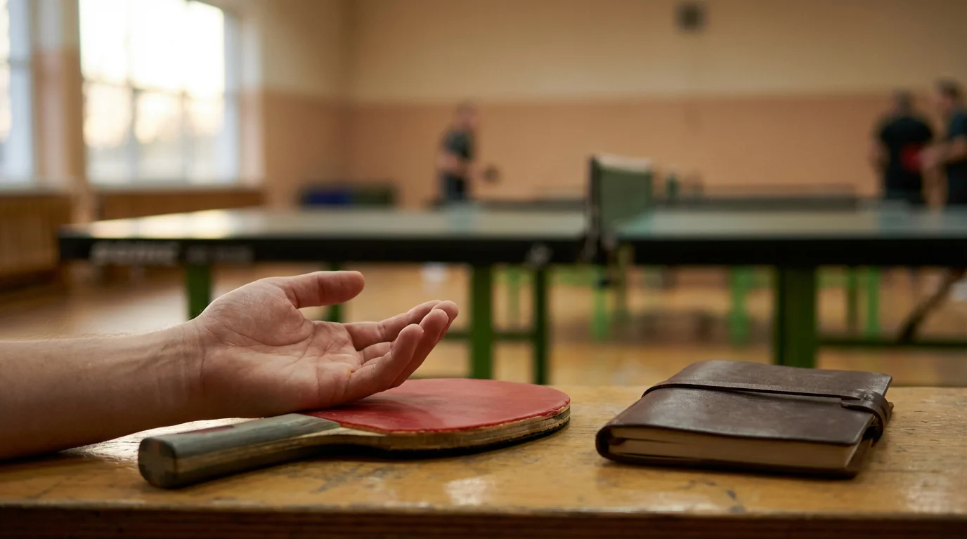 Main posée calmement à côté d'une raquette de tennis de table symbolisant le contrôle et la sérénité