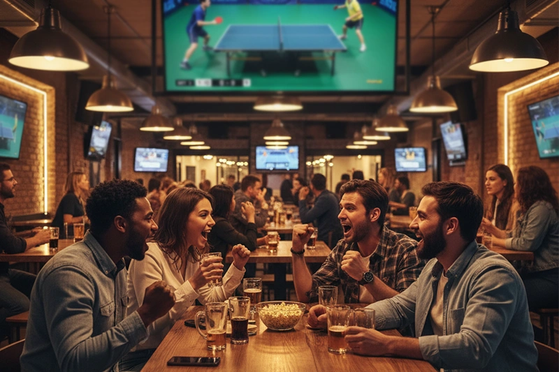 Spectateurs regardant un match de tennis de table en direct sur écran