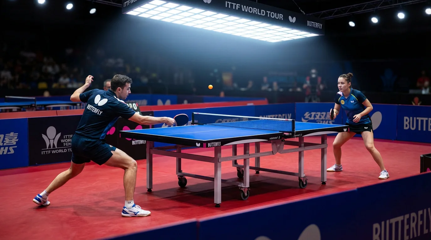 Match de tennis de table en cours dans une salle de compétition éclairée avec deux joueurs face à face à la table
