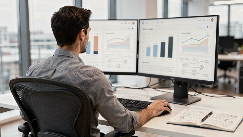 Analyste comparant des données sur plusieurs écrans