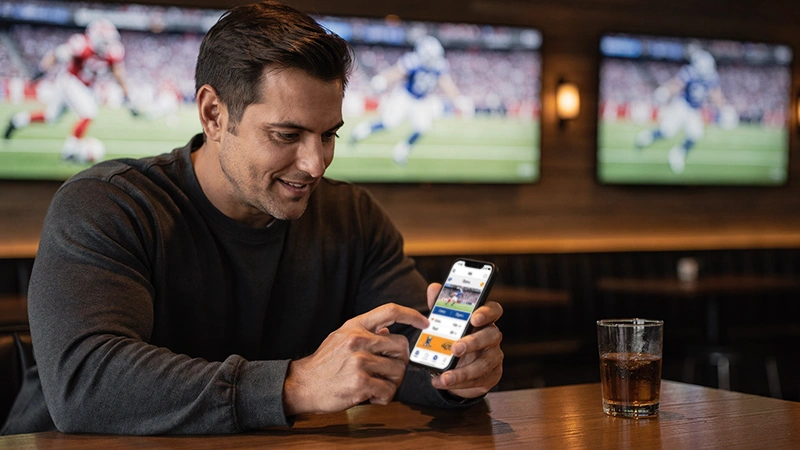 Parieur consultant son téléphone dans un bar sportif