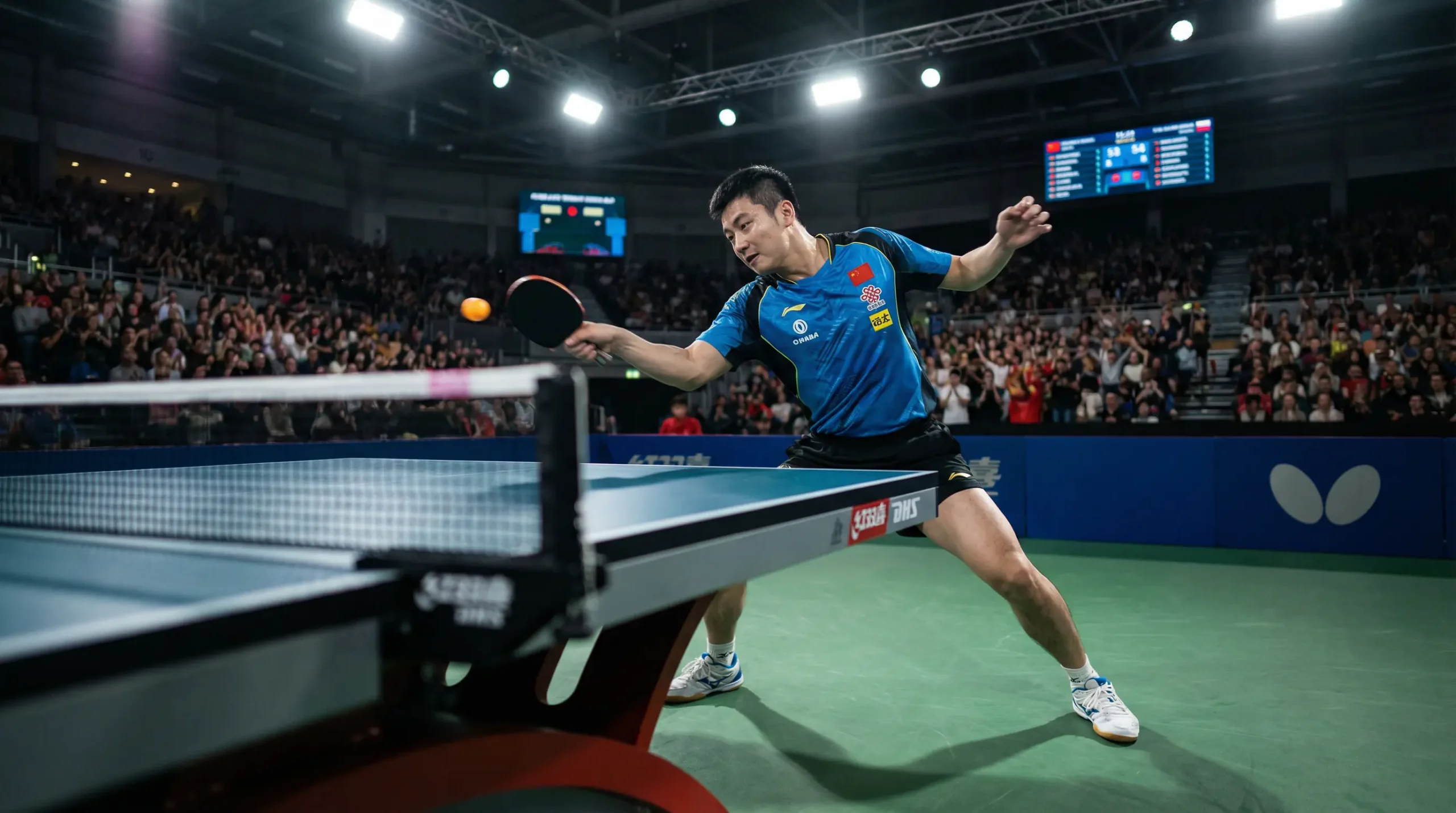 Joueur de tennis de table en action avec plusieurs tickets de paris en arrière-plan