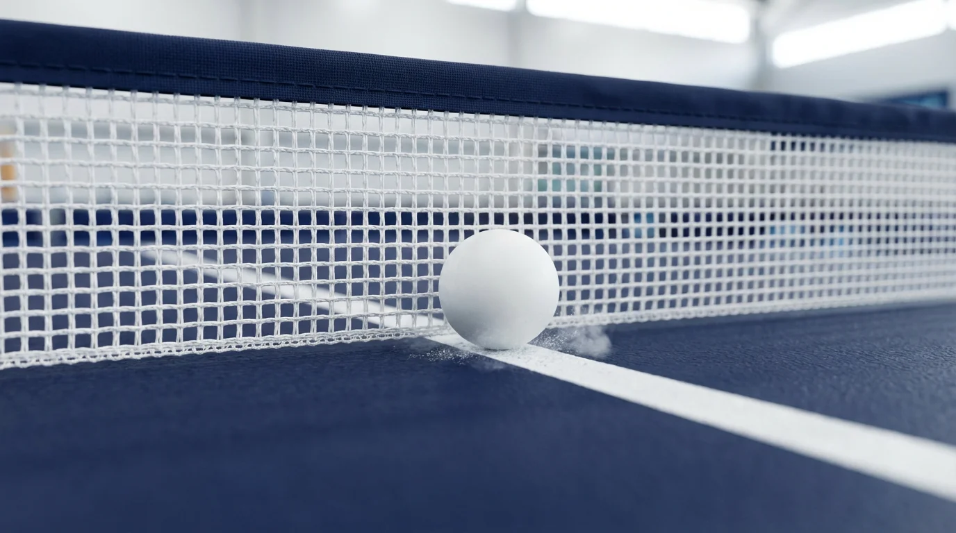 Vue rapprochée d'une balle de tennis de table rebondissant sur le filet d'une table officielle de compétition