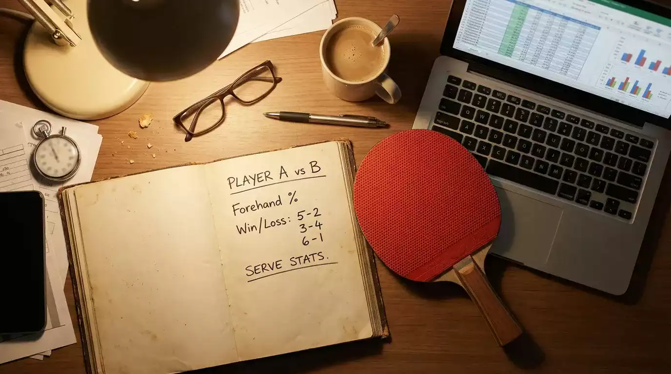 Carnet de notes avec des statistiques manuscrites à côté d'une raquette de tennis de table