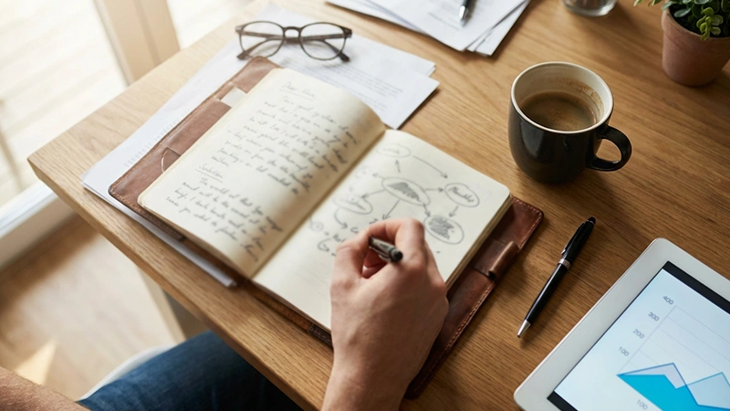 Analyse tactique avec bloc-notes et statistiques manuscrites