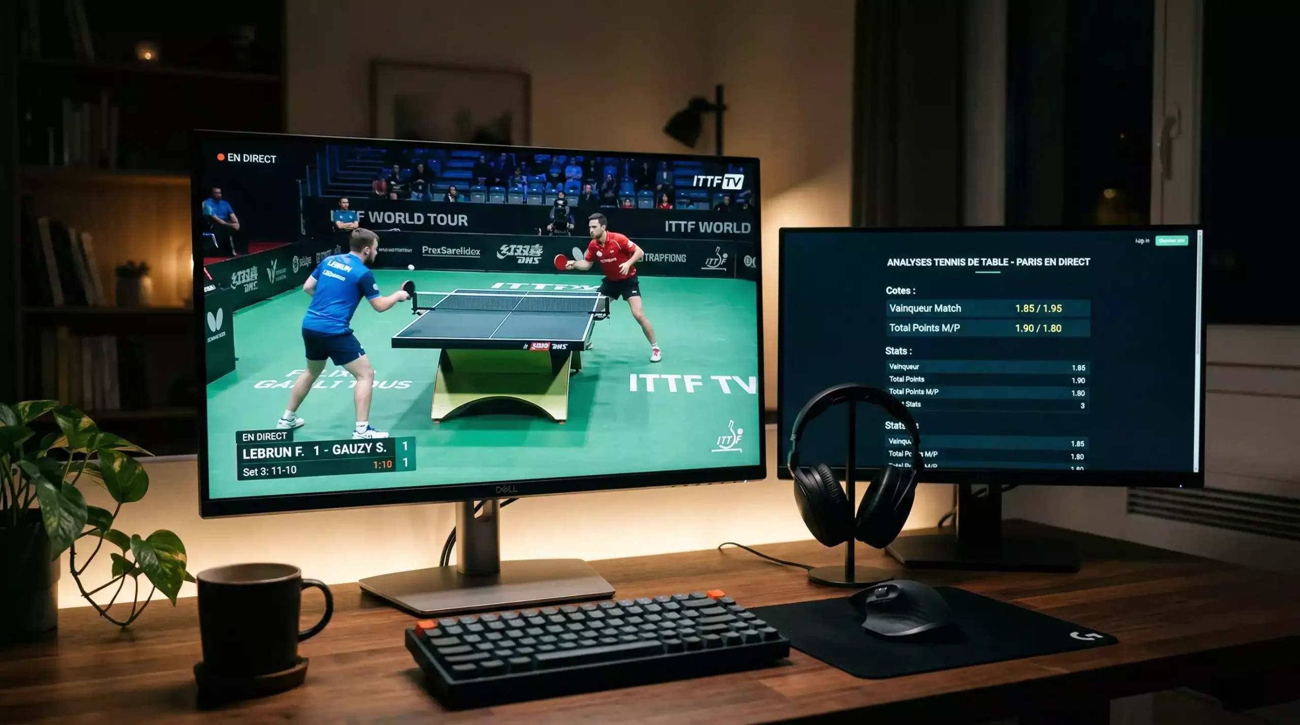 Écran d'ordinateur affichant un match de tennis de table en streaming en direct