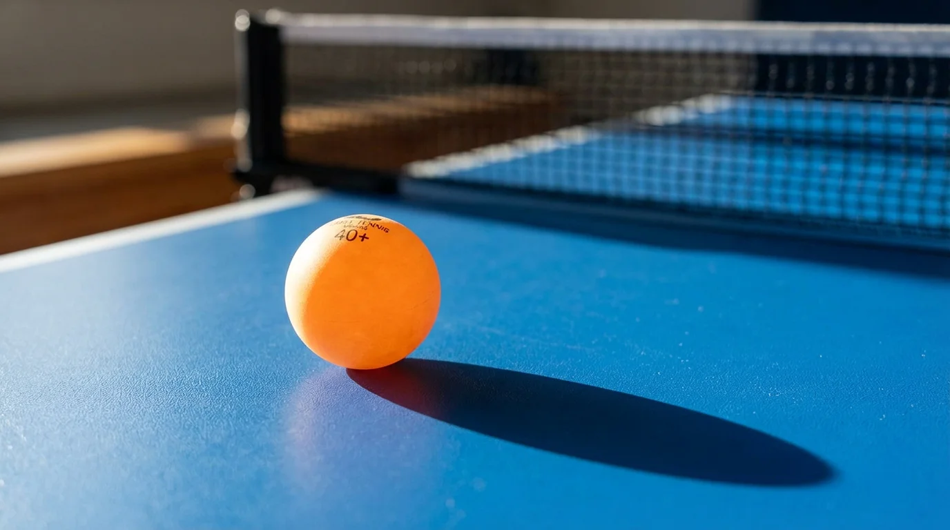 Gros plan sur une balle de tennis de table posée sur une table bleue réglementaire avec un filet en arrière-plan