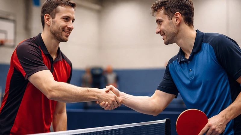 Deux joueurs de ping-pong se serrant la main après un match